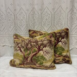 Vintage Barkcloth Green Tapestry Tree Motif Pair of Pillows